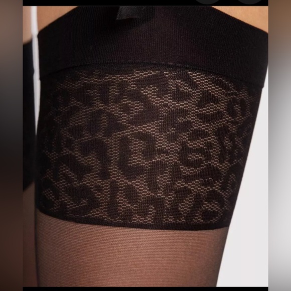 Thigh high garter leopard cheetah stockings black burlesque pantyhose lingerie
